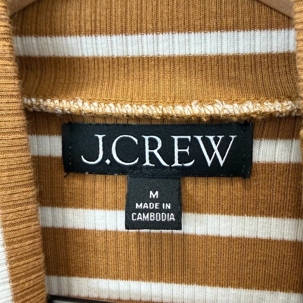 J.Crew Ribbed Mock Neck Striped Sweater M Camel Brown White Coastal Classic - Picture 5 of 8